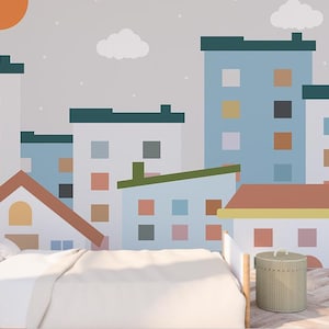 Cartoon Houses Town Nursery Wallpaper Wall Mural Wall Decor