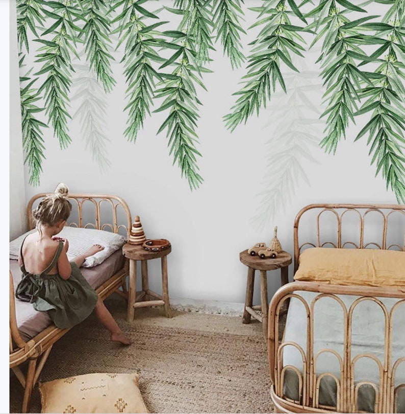 Hanging Fresh Green Leaves Wallpaper Wall Mural Beautiful Etsy