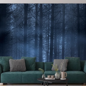 Dark Foggy Forest Wallpaper, Forest Trees Wall Mural, Peel and Stick, Removable Wallpaper, Non-woven Paper, Forest Trees Wall Decor