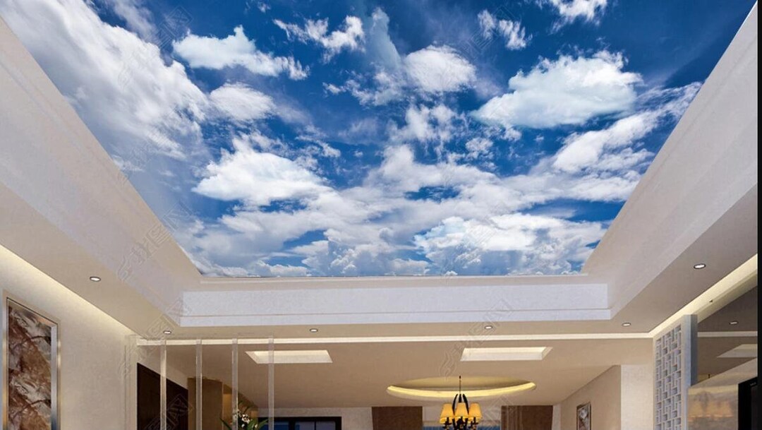 Watercolor Blue Sky White Clouds Suspended Ceiling Mural Etsy