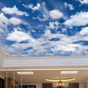 Aquarell Blauer Himmel Decken Wandbild: Weiße Wolken Tapete
