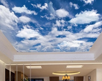 Watercolor Blue sky, White Clouds, Suspended Ceiling Mural, Cloudy Sky Ceiling Mural