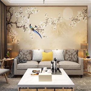 Magnolia Blossom Chinoiserie Wallpaper Mural: Fine Brushwork Flowers & Birds
