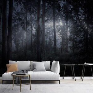 Papier peint forêt brumeuse magique, décoration murale arbres de la forêt brumeuse