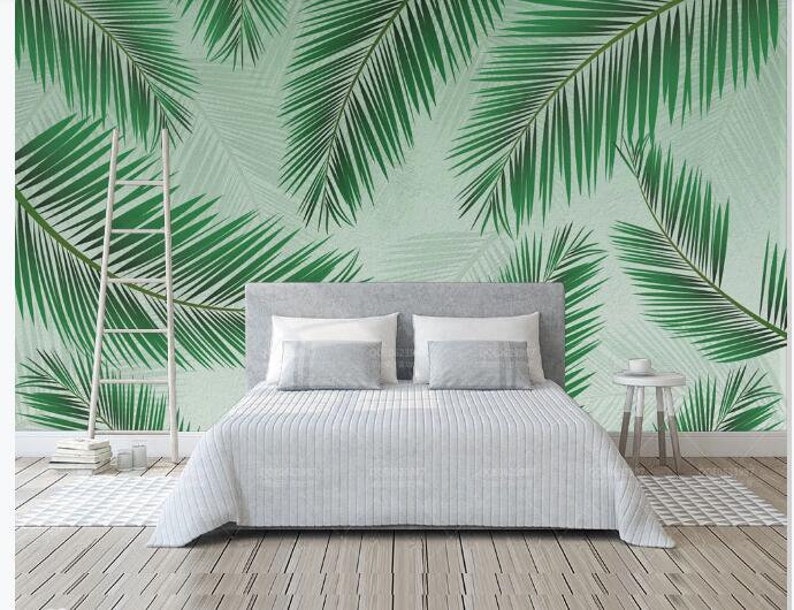 Modern Green Palm Tree Leaves Wallpaper Wall Mural Palm Etsy