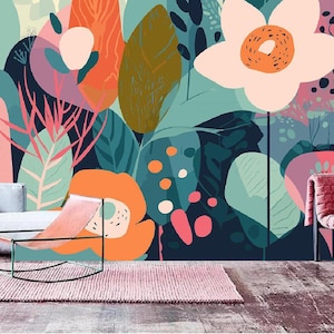 Watercolor Plants and Flowers Watercolor Nursery Wallpaper Wall Mural, Abstract Watercolor Plants Flowers Wall Mural for Bedroom Living Room
