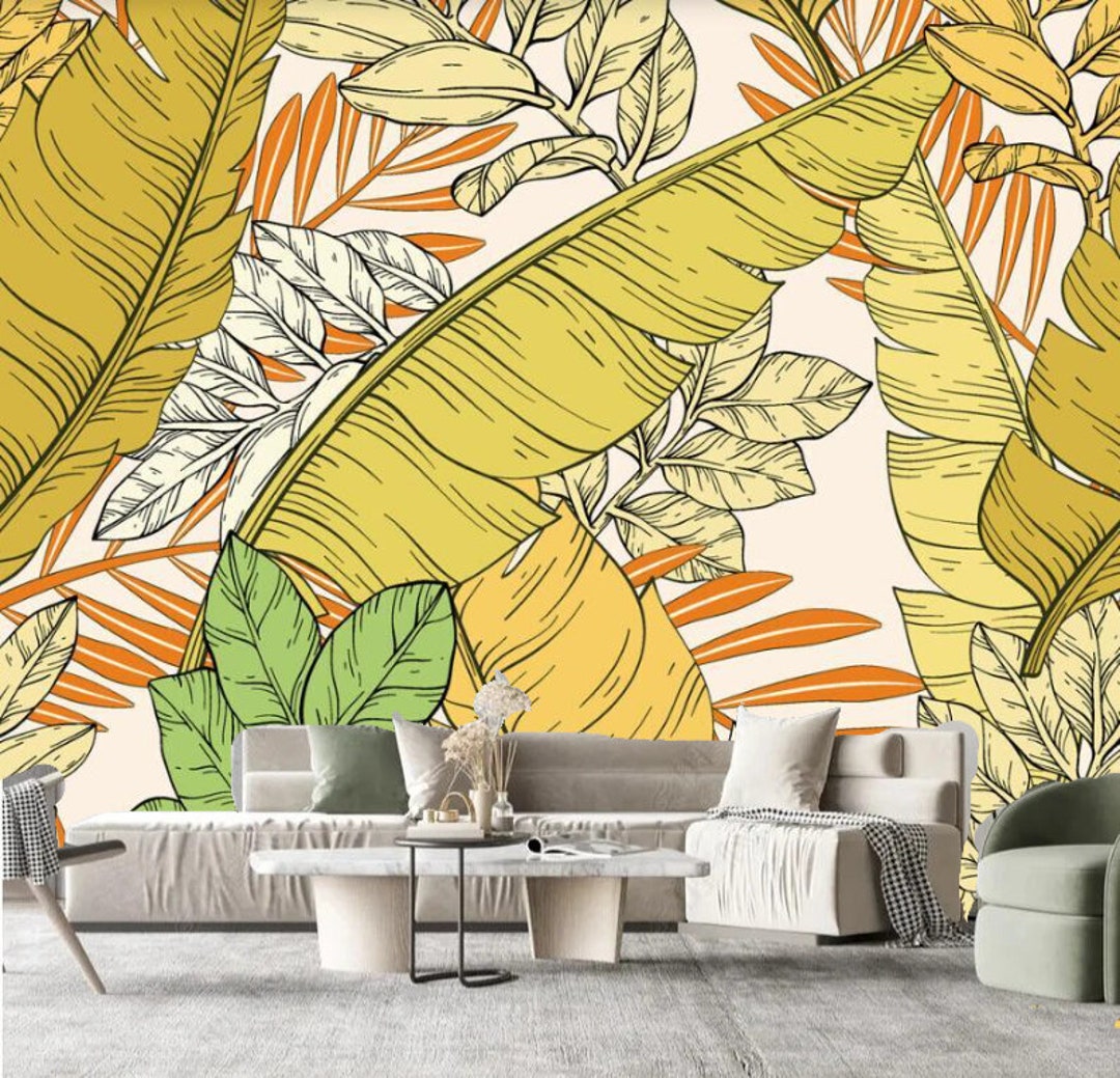Tropical Plants Leaves Wallpaper Wall Mural Oil Painting Etsy