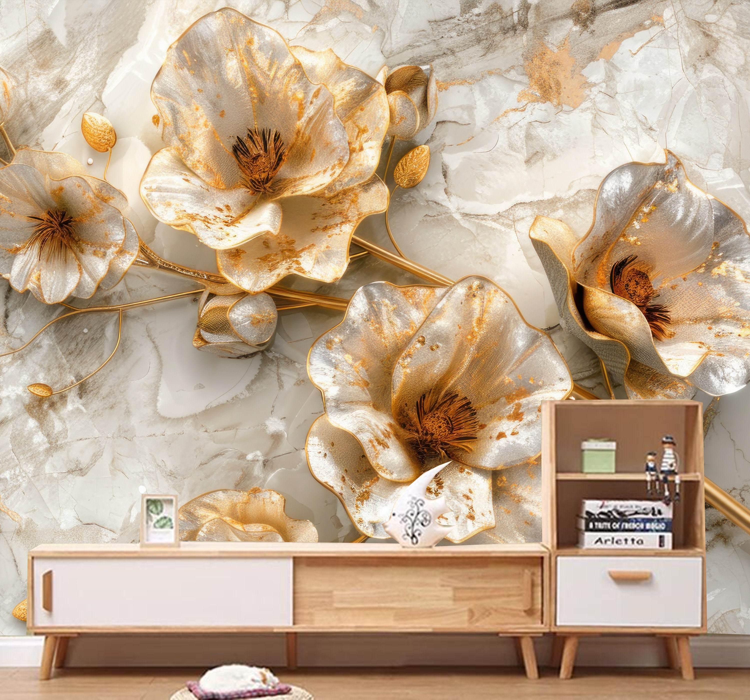 Gold Flowers Marble Wall Mural: Peel and Stick Vinyl Wallpaper - Etsy