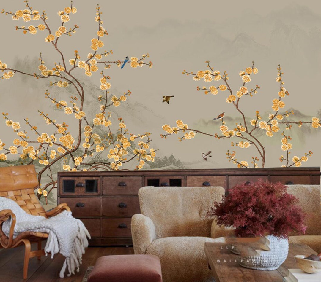 Chinoiserie Cherry Blossom Wallpaper Mural: Birds & Vines Wall Decor - Etsy