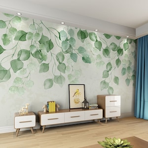 Watercolor Fresh Green Leaves Vine Wallpaper Wall Mural, Hanging Branch Leaf Wall Murals Wallpaper, Wallpaper for Bedroom Living Room
