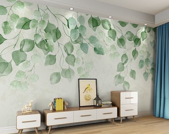 Watercolor Fresh Green Leaves Vine Wallpaper Wall Mural, Hanging Branch Leaf Wall Murals Wallpaper, Wallpaper for Bedroom Living Room