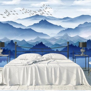 Unique Abstract Blue Mountains Wallpaper Wall Mural, Misty Foggy Ink Blue Mountains Wall Mural Wall Decor