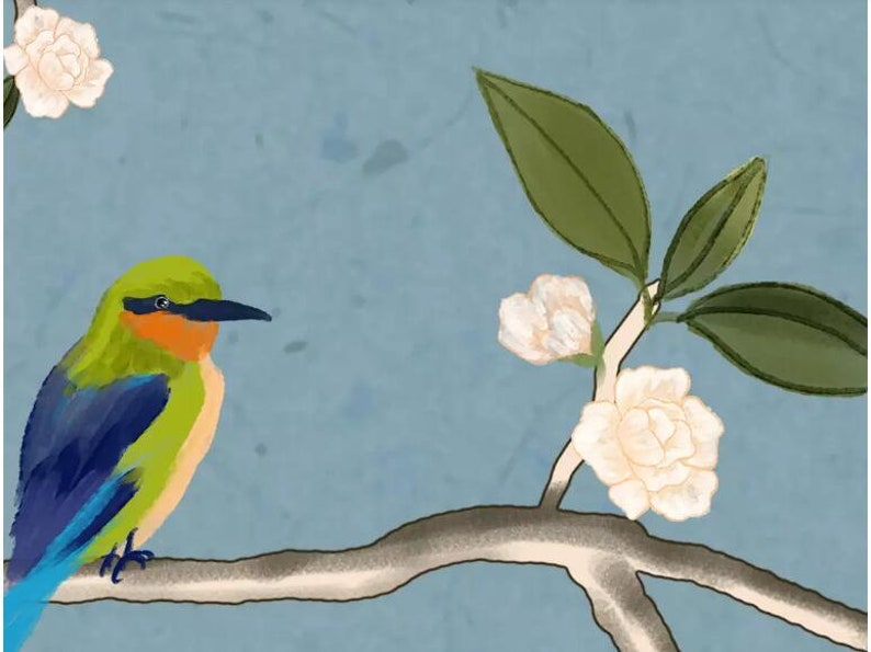 Cherry Blossom Flowers Birds Chinoiserie Wallpaper Wall | Etsy