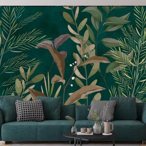 Wandbild, Tapete fürs Wohnzimmer. Blätter auf einem grünen Hintergrund Wandbild, Hintergrund mit verschiedenen Zweigen Pflanzen Blätter Wandbild