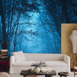 Fairy Forest Mystical Atmosphere. Paranormal Another World, Stranger Forest in a Fog, Dark Scary Park with Leaves for Wallpaper Wall Mural