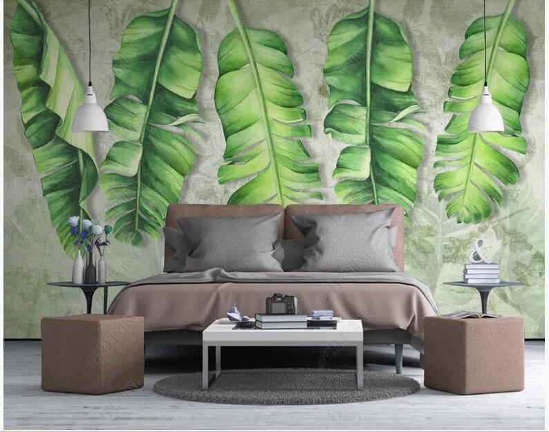 Five Green Hanging Leaves Wallpaper Wall Mural Beautiful Etsy