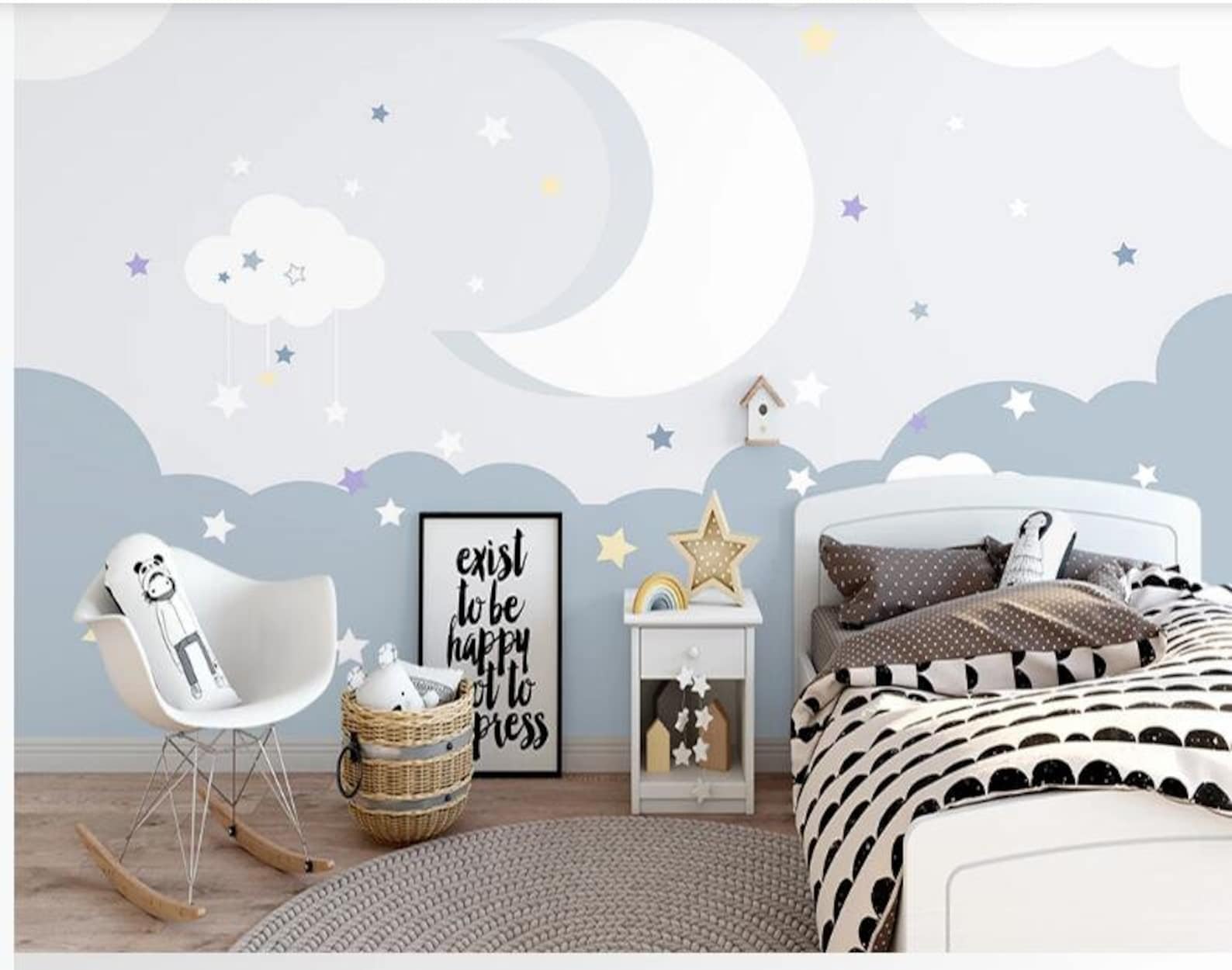 Nursery Cartoon Clouds Stars Moon Kids Wallpaper Wall Mural - Etsy