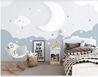 Nursery Cartoon Clouds Stars Moon Kids Wallpaper Wall Mural, Cartoon Clouds Starry Moon Wall Mural Wall Decor