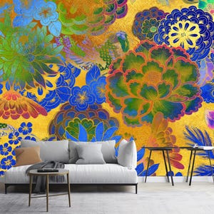 Asian Traditional Patterns Wallpaper, Japanese Chinoiserie  Painted Flowers Peonies Chrysanthemums, Dahlias Wall Mural