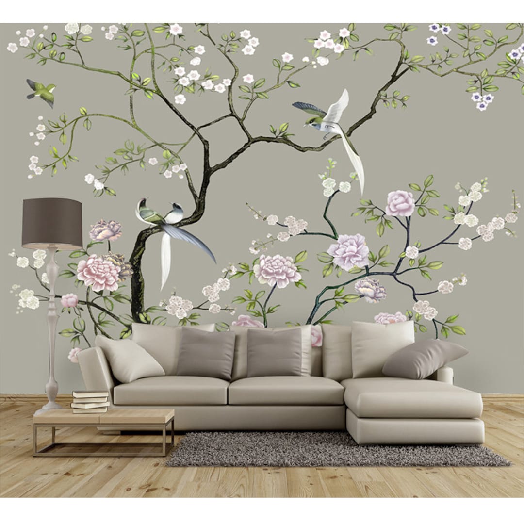 Grey Color Birds&flowers Wallpaper Wall Murals Flowers Tree Etsy