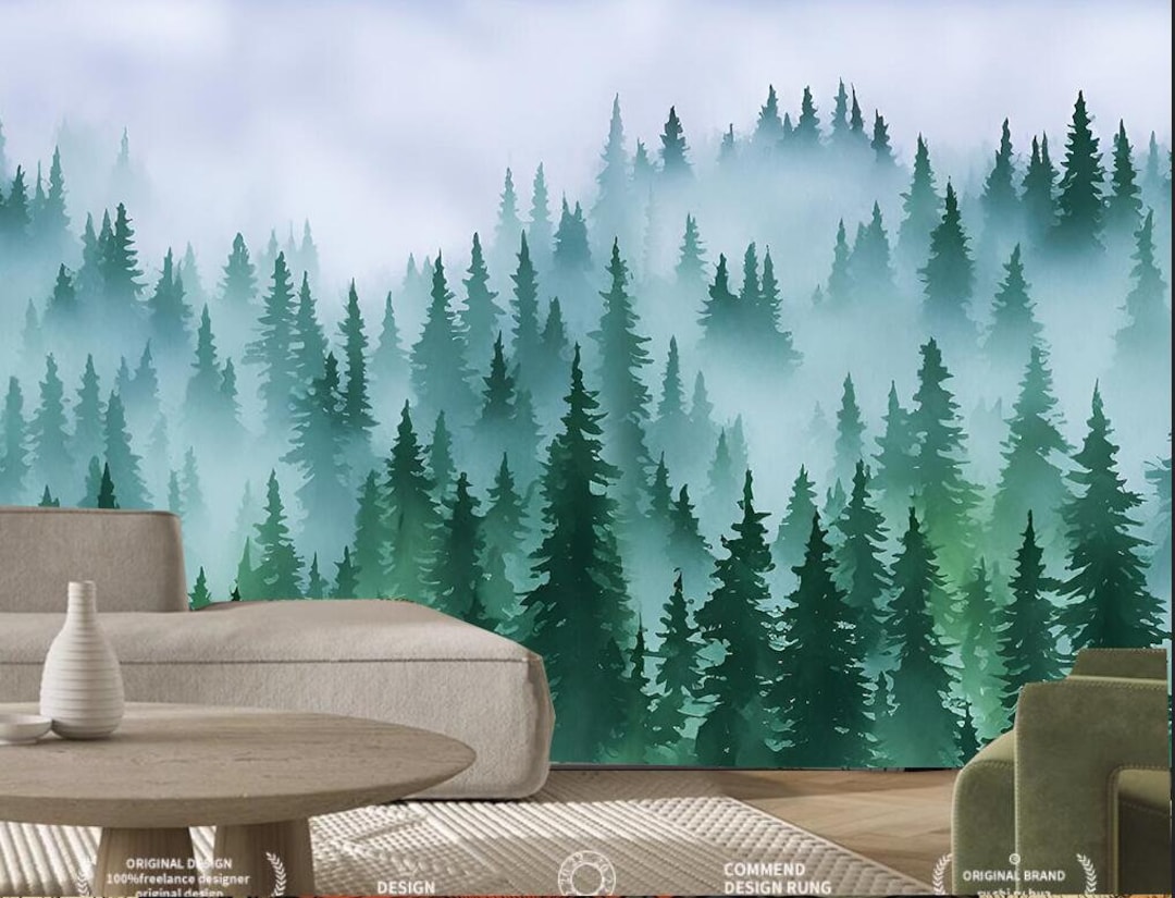 Watercolor Pine Trees Forest Wallpaper Mural: Foggy Wall Decor - Etsy