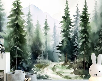 Waetercolor Fir Forest Trees Wallpaper, Cartoon Forest Trees Nursery Wall Mural