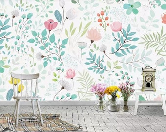Hand Painted Watercolor Garden Wallpaper Wall Mural, Fresh Small Flowers Wall Murals, Nursery Girls Bedroom Living Room Wallpaper