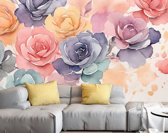 Papel pintado floral de acuarela: Mural de pared de flores abstractas