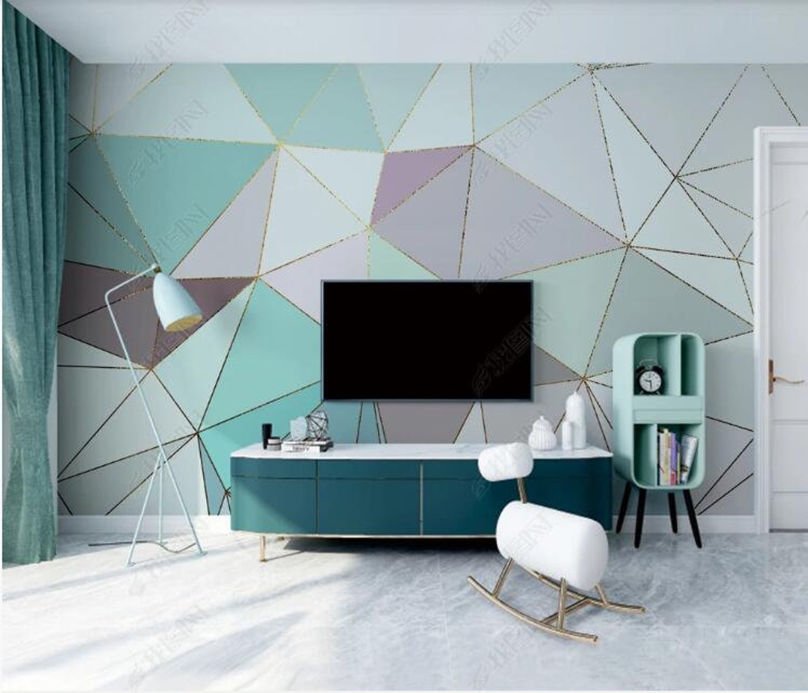 Green Geometric Wallpaper Wall Mural Irregular Geometric Wall Etsy