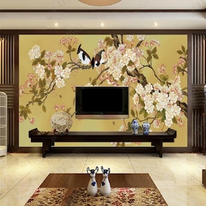 Chinoiserie Flowers and Birds Wallpaper Wall Mural, Begonia Flowers Tree Branch Wall Mural Wall Decor