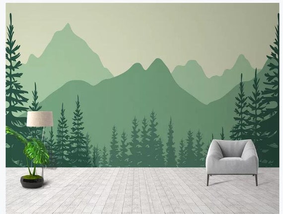 Hand Painted Green Mountains Trees Nursery Wallpaper Wall | Etsy