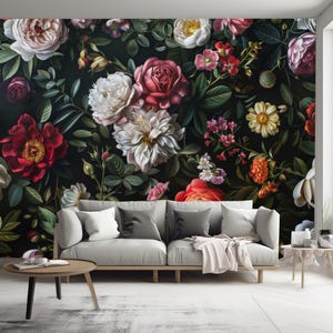 Vintage Style Floral Wallpaper Design, Vibrant Peonies Flowers Wallpaper Wall Mural