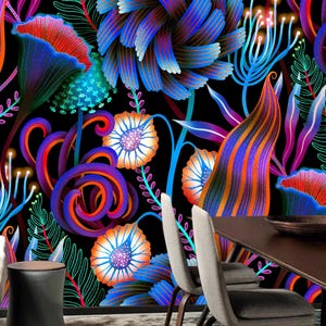 Abstraktes Muster mit surrealer psychedelischer Pflanzen-Tapete, trippy botanischer Hintergrundpflanzen-Wandbild-Wanddekor
