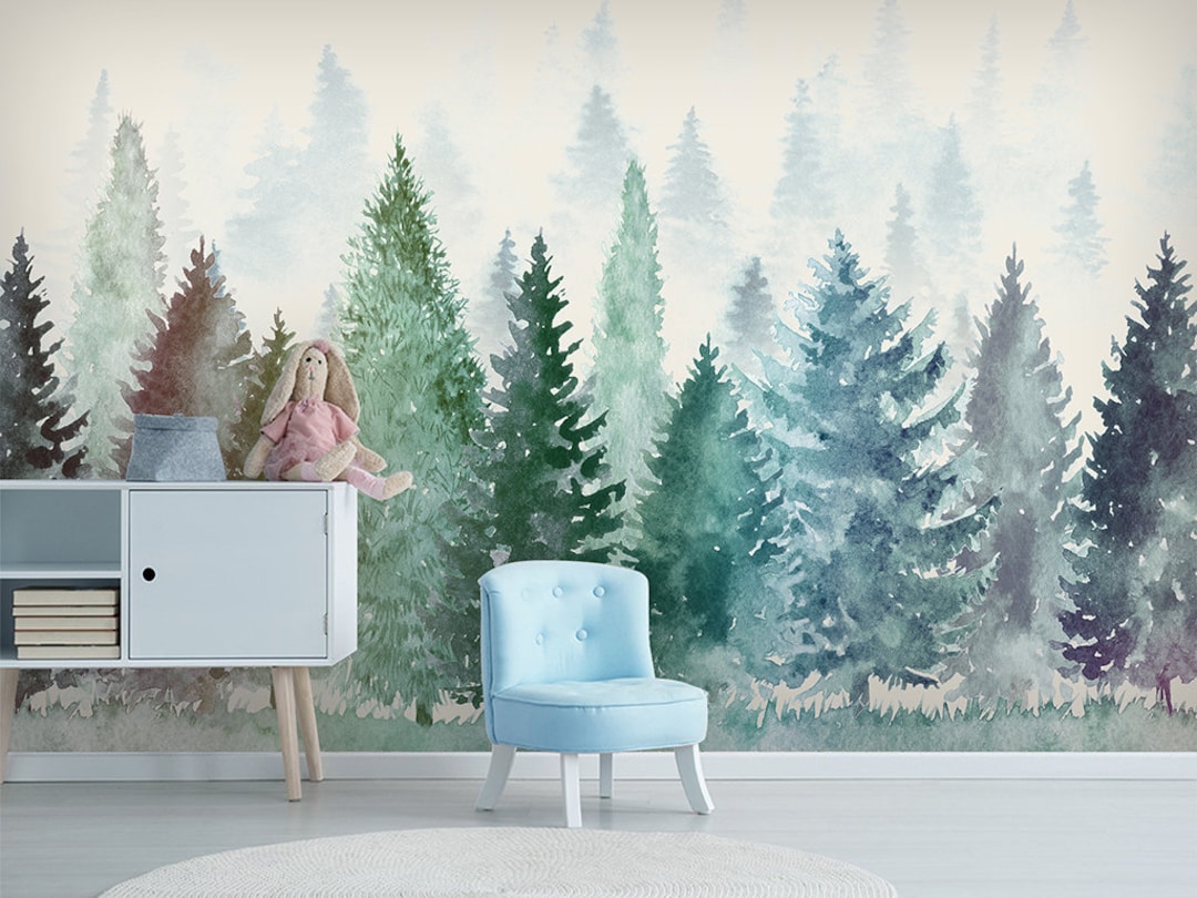 Watercolor Pine Tree Forest Wallpaper Mural: Abstract Foggy Wall Decor ...