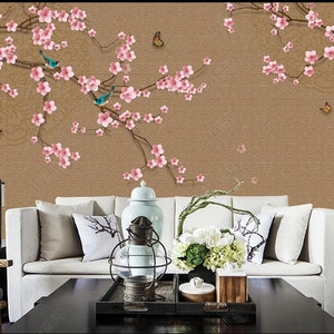 Chinoiserie Hanging Cherry Blossom Braches Wallpaper, Flowers Branches Wall Mural Wall Decor