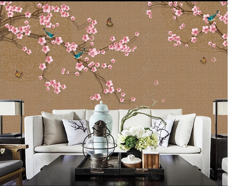 Chinoiserie Hanging Cherry Blossom Braches Wallpaper, Flowers Branches ...
