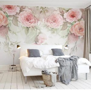 Watercolor Pink Hanging Big Giant Roses Wallpaper Wall Mural, Beautiful Watercolor Pink Roses Nursery Bedroom Living Rom Wall Mural Decor