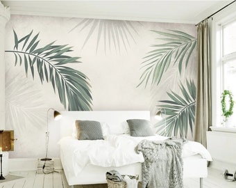 Simple Creative Hand Painted Tropical Leaves Wall Mural Wallpaper, Palm Leaves Wall Mural Wallpaper, Palm Leaf Wallpaper