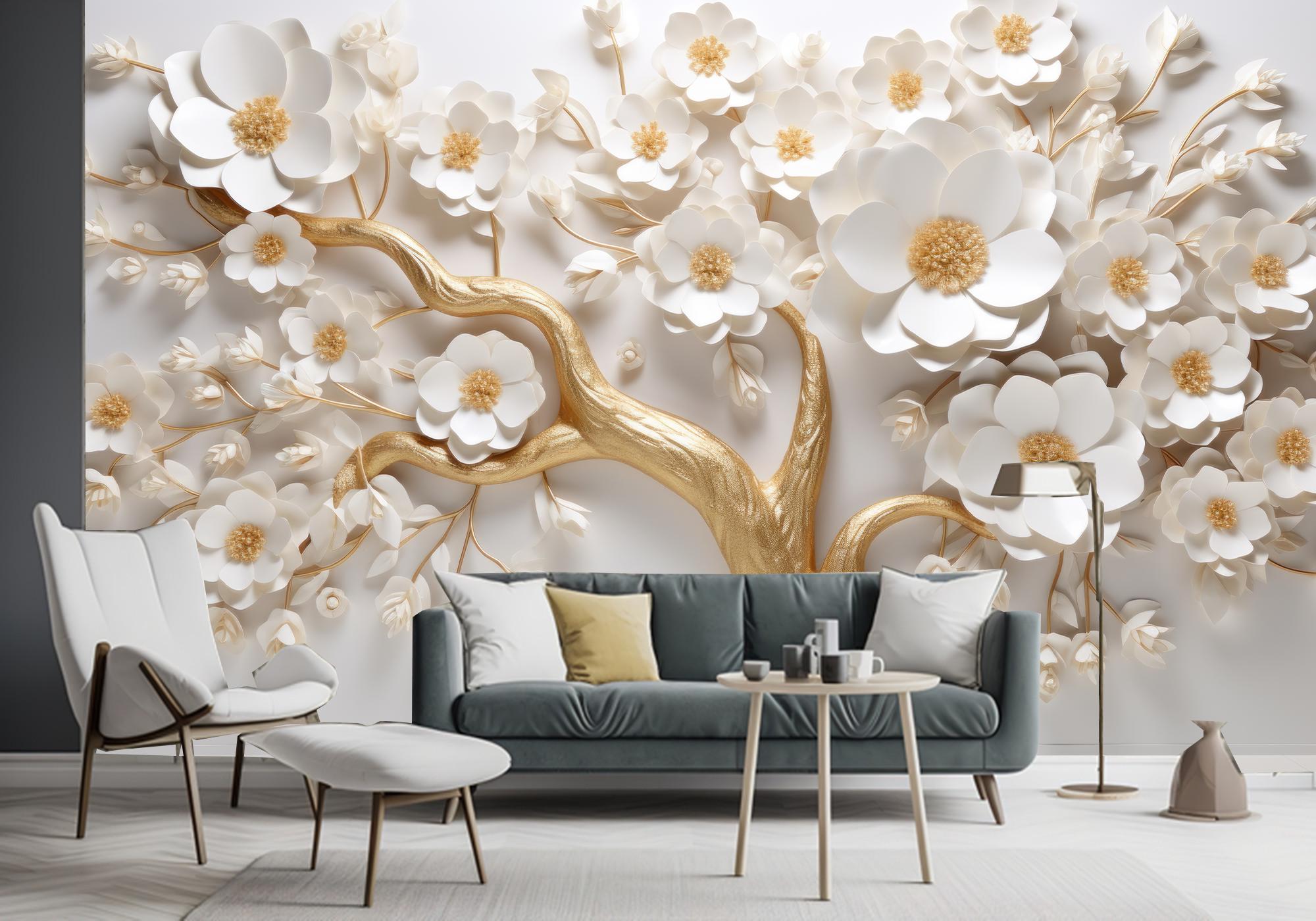 Golden Tree Floral 3D Wallpaper Mural - Etsy
