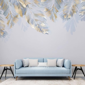 Hanging Leaves Wallpaper Wall Mural, Blue and Golden Leaves Wallpaper Wall Mural