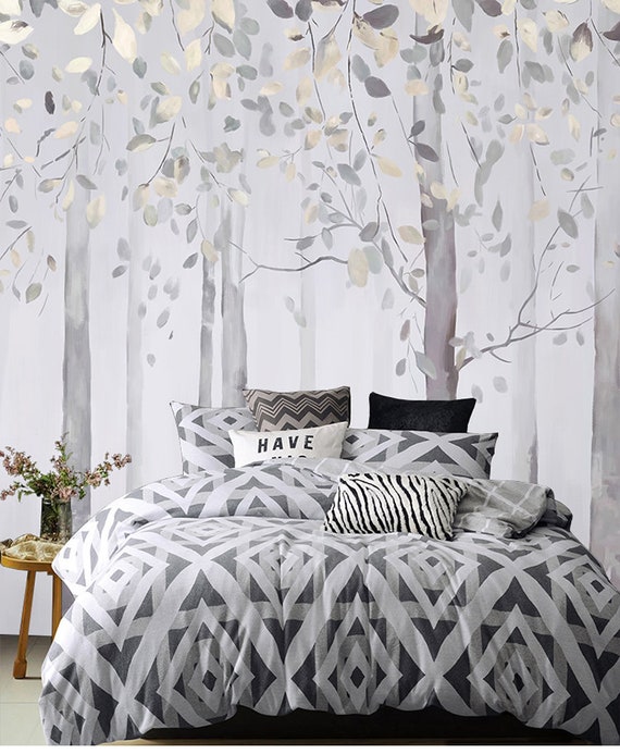 Grey White Color Forests Trees Wallpaper Wall Murals Ink Painting Wall Decor Wall Art For Bedroom Living Room High Qaulity Wall Stickers