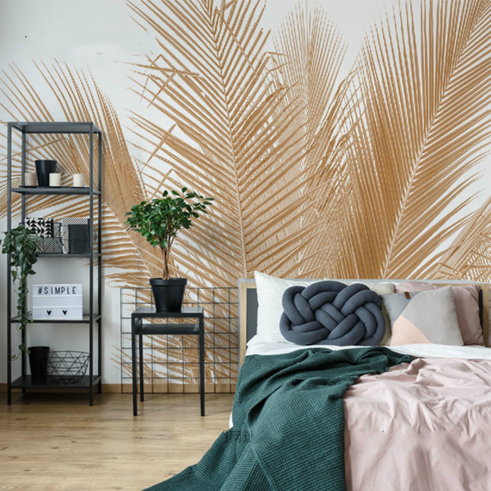 Hand Painted Golden Palm Leaves Wallpaper Wall Mural Tropical Etsy