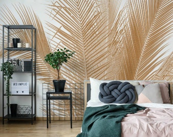 Hand Painted Golden Palm Leaves Wallpaper Wall Mural, Tropical Plant Palm Leaf Wallpaper Wall Mural, Creative Simple Palm Leaves Wallpaper