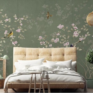 Chinoiserie Flowers Vine Wallpaper Wall Mural, Green Background Flowers and Birds Wall Mural Wall Decor for Bedroom Living Room Home Decor