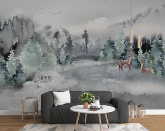 Watercolor Pine Trees Elks Wallpaper Wall Mural, Watercolor Pine Trees Nursery Wall Mural Wall Decor