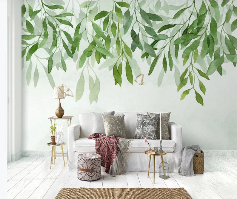 Watercolor Hanging Leaves Wallpaper Wall Mural Green Hanging Etsy