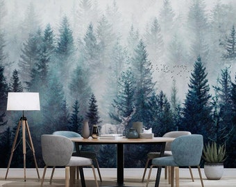 Foggy Forest Trees Wallpaper Mural: Modern Landscape Wall Decor