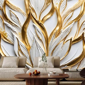 3D Golden Leaf Wall Ar Wallpaper, Classic Gold Leaves Wall Mural Wall Decor