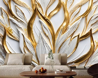 3D Golden Leaf Wall Ar Wallpaper, Classic Gold Leaves Wall Mural Wall Decor