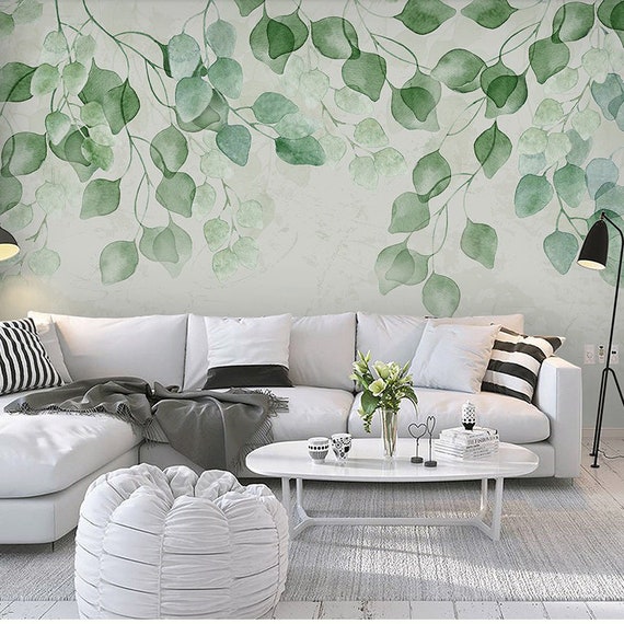 Watercolor Hand Painted Fresh Leaves Wallpaper Wall Mural Etsy